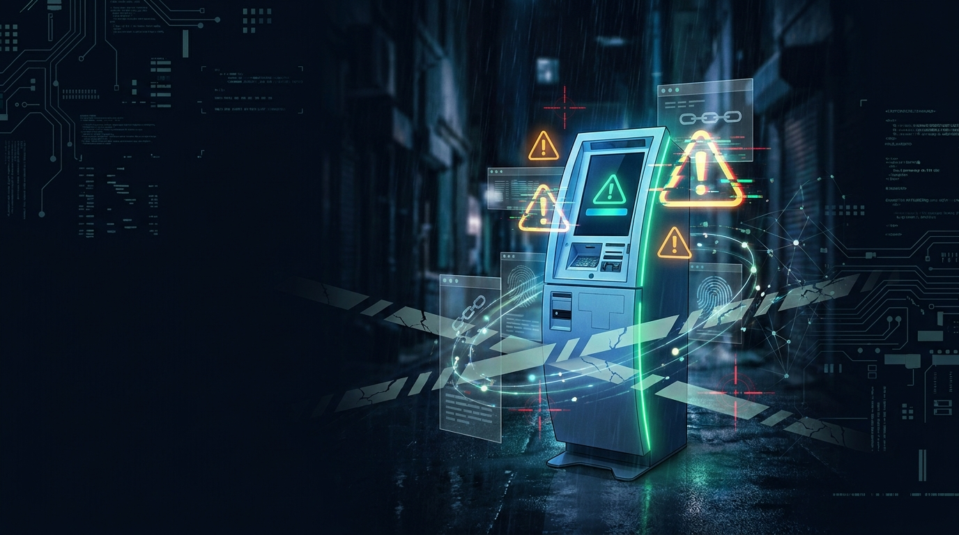Cajero de criptomonedas en penumbra con alerta de fraude