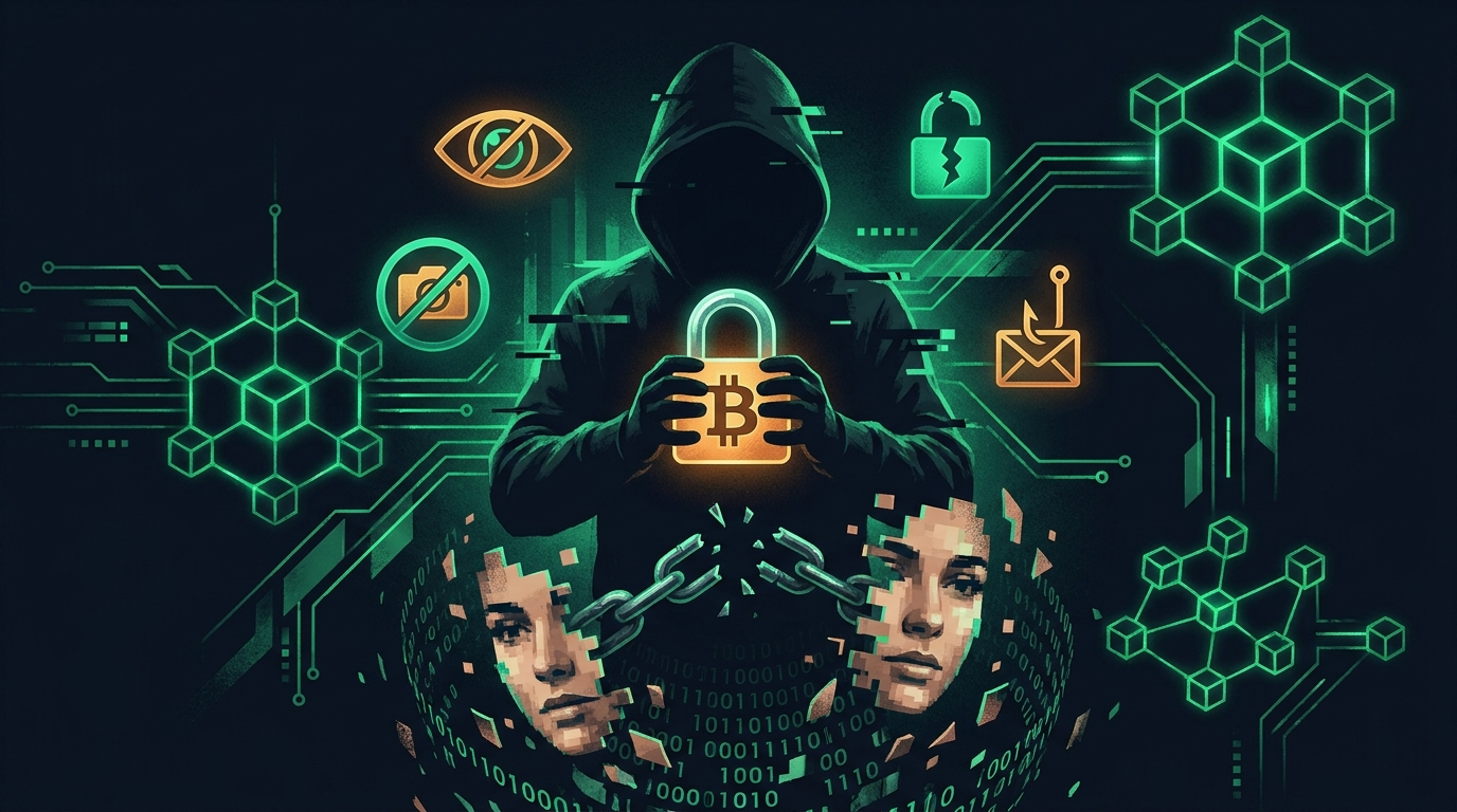 Ilustración de un candado sobre símbolos de criptomonedas representando amenazas de chantaje y sextorsión